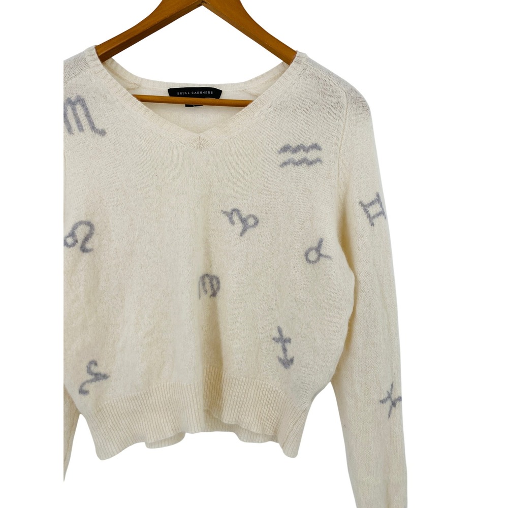 Skull Cashmere Sweater Womens Small Cream Zodiac Astrology V-Neck Long Sleeve
